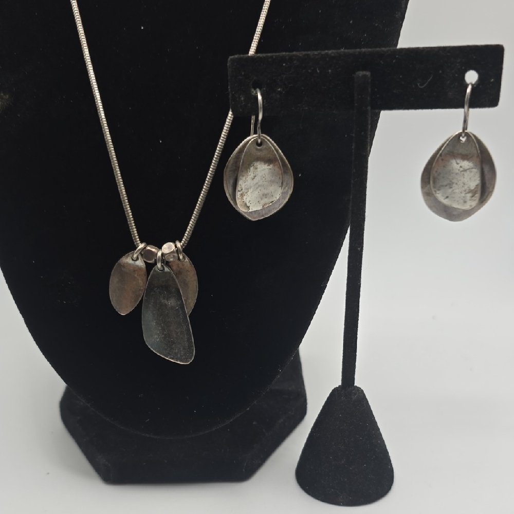 Marjorie Baer Modernist Silver Leaf Necklace and Earring Set